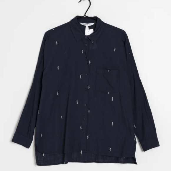 Zara navy blue Linen button down blouse XS oversize fit shirt key hole design - Picture 2 of 5